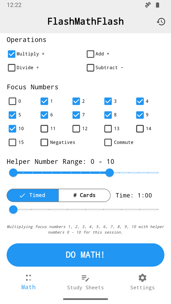 Math tab: choose operations, focus numbers, helper numbers, and session mode