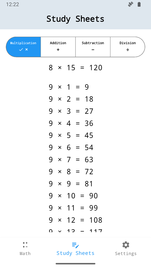 Study Sheets: multiplication grid