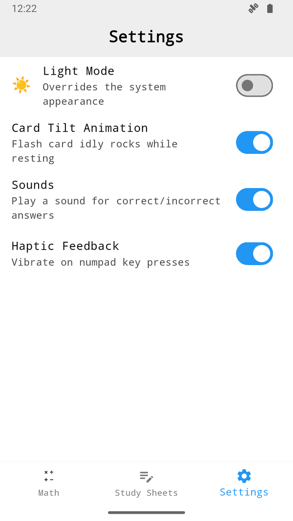 Settings: card tilt, sounds, haptics, and dark mode