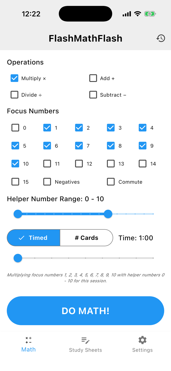 Math tab: choose operations, focus numbers, helper numbers, and session mode