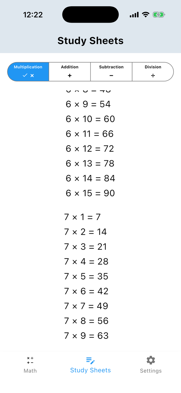Study Sheets: math facts list