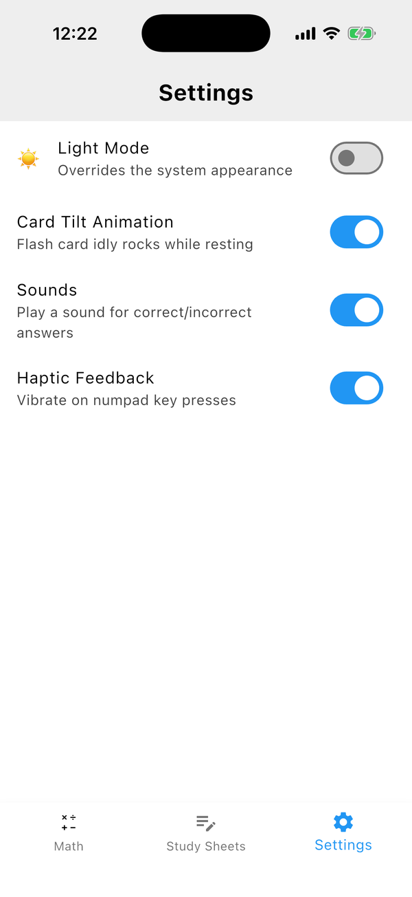 Settings: card tilt, sounds, haptics, and dark mode