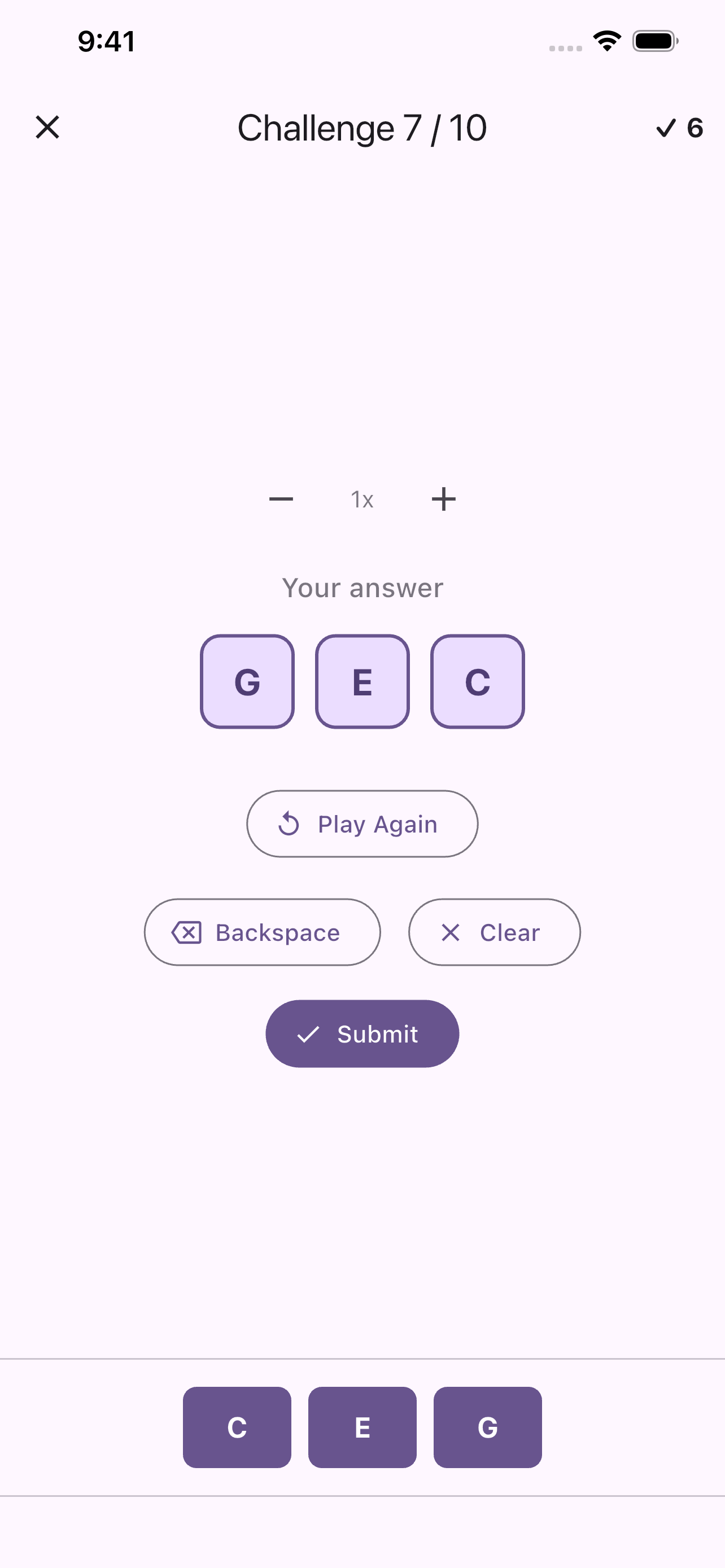 Notes practice session — identifying notes by ear and submitting an answer