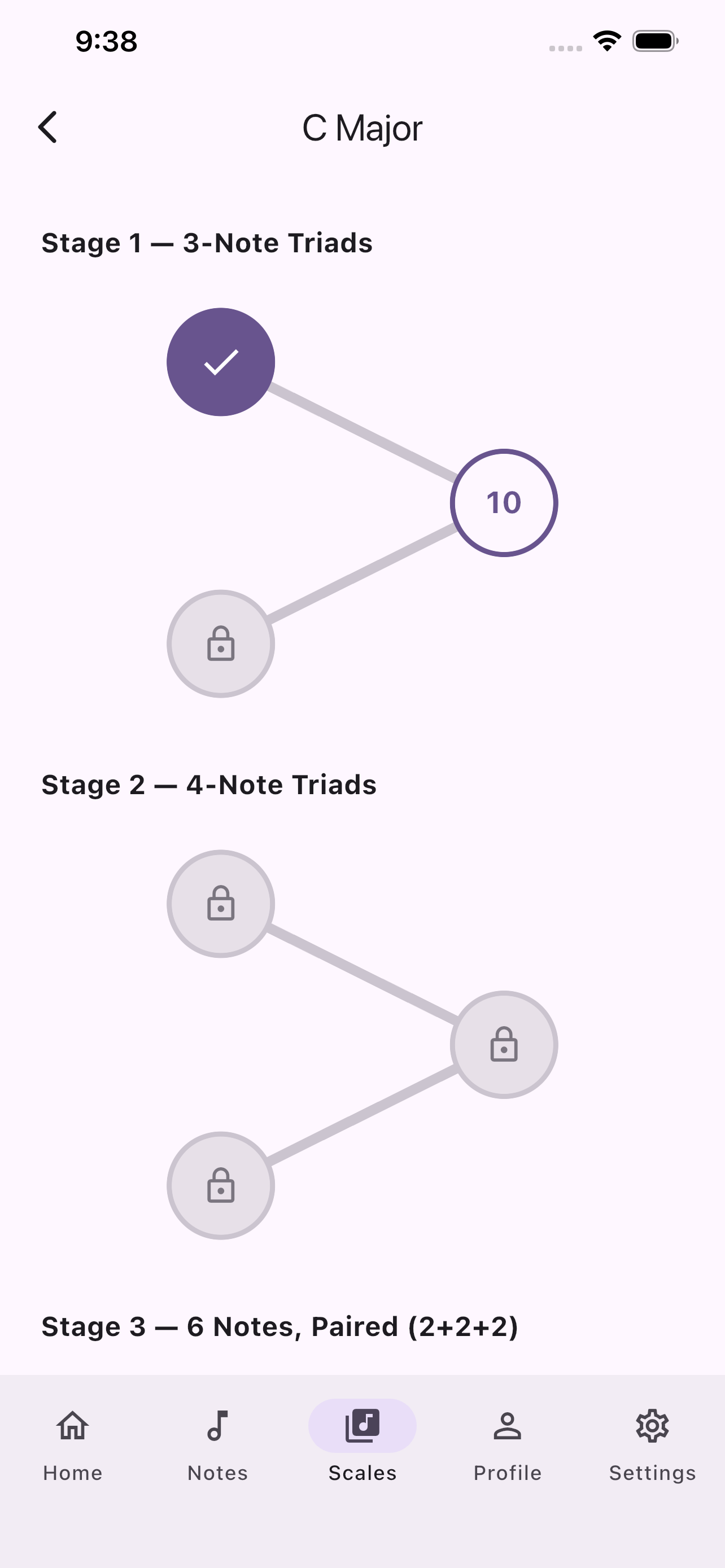 C Major scale pathway with unlockable stages and levels