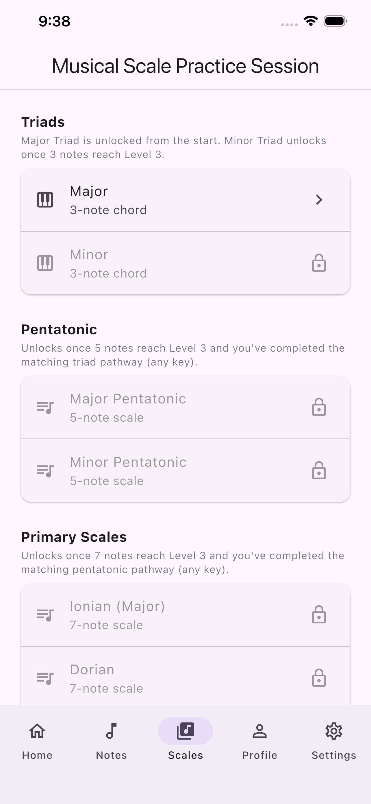 Scale practice picker — triads, pentatonic scales, and primary scales