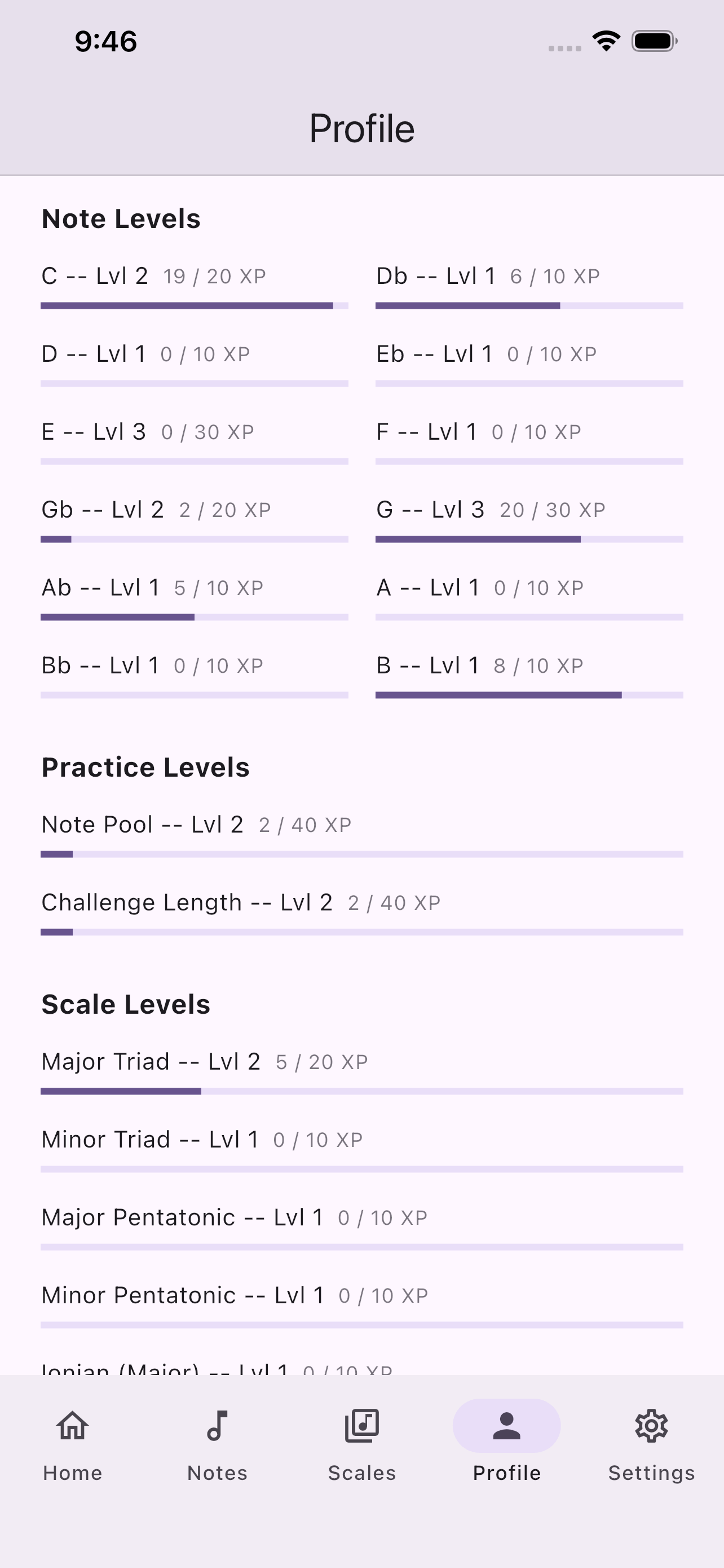 Profile screen showing note levels, practice levels, and scale levels