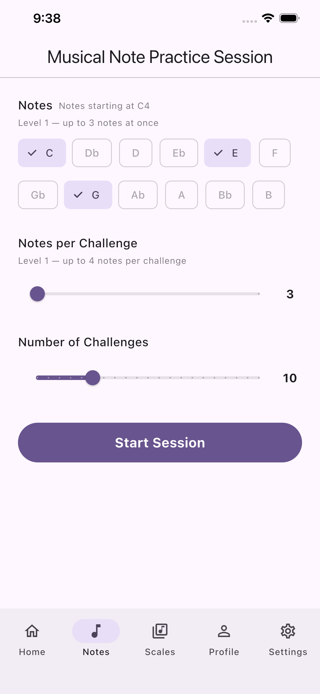 Notes practice session setup — choosing notes, notes per challenge, and number of challenges